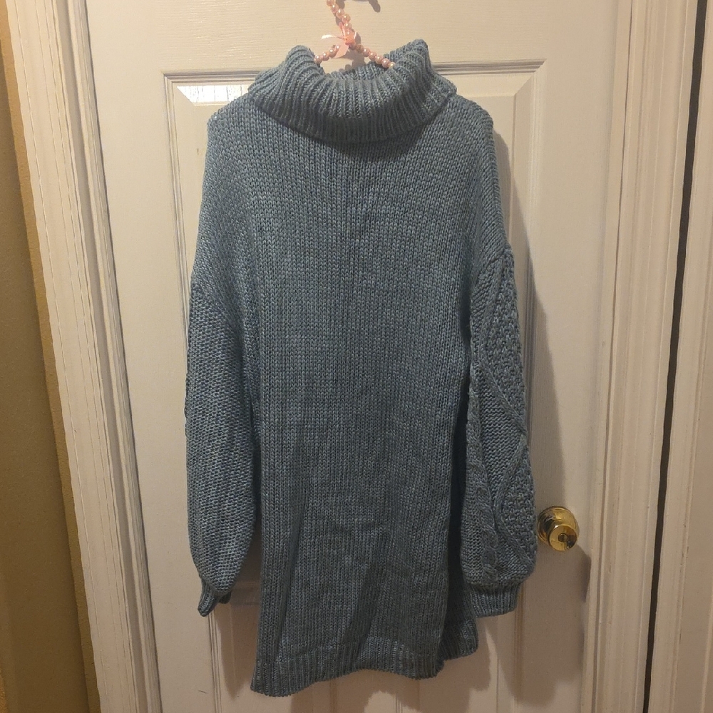 Cozy Green Blue Gray Turtleneck Sweater Dress